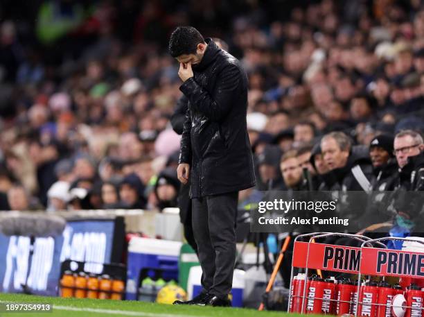 Mikel Arteta, Manager of Arsenal, reacts during the Premier League match between Fulham FC and Arsenal FC at Craven Cottage on December 31, 2023 in...