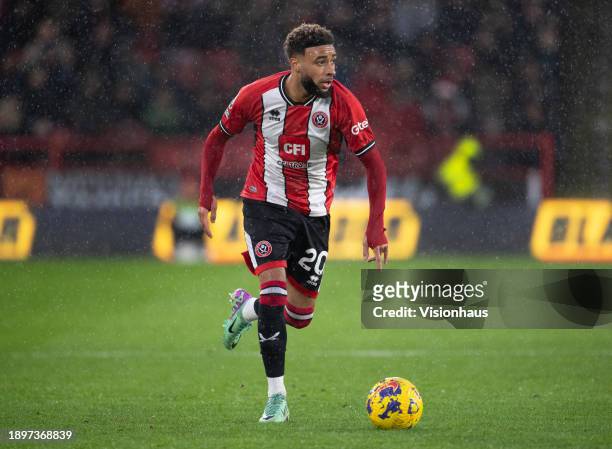 Jayden Bogle of Sheffield United in action during the Premier League match between Sheffield United and Brentford FC at Bramall Lane on December 9,...