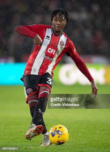 Andre Brooks of Sheffield United in action during the Premier League match between Sheffield United and Brentford FC at Bramall Lane on December 9,...