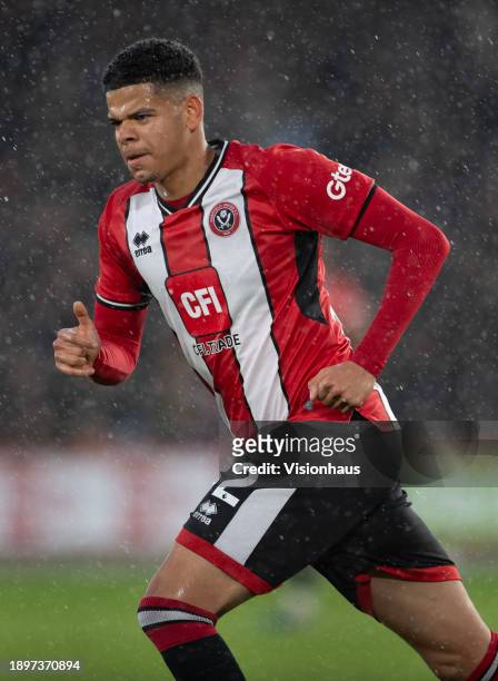 William Osula of Sheffield United in action during the Premier League match between Sheffield United and Brentford FC at Bramall Lane on December 9,...