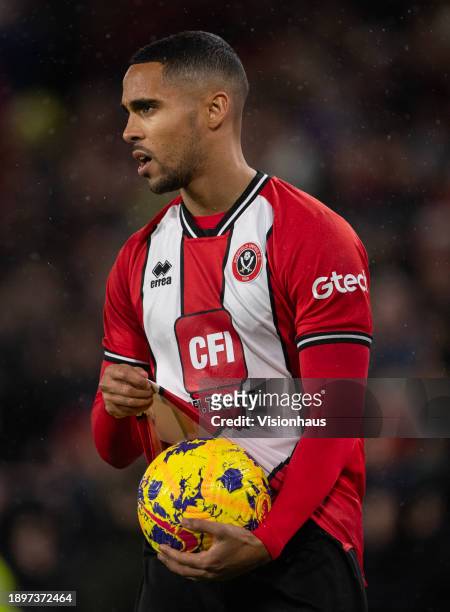 Max Lowe of Sheffield United prepares to take a throw in during the Premier League match between Sheffield United and Brentford FC at Bramall Lane on...