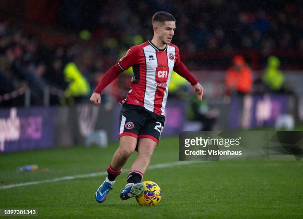 James McAtee of Sheffield United in action during the Premier League match between Sheffield United and Brentford FC at Bramall Lane on December 9,...