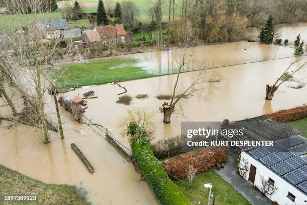 This aerial drone image shows floods after heavy rainfall in Zandbergen, Geraardsbergen on Wednesday 03 January 2024. BELGA PHOTO KURT DESPLENTER