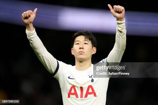 Son Heung-Min of Tottenham Hotspur acknowledges the fans after the team's victory in the Premier League match between Tottenham Hotspur and AFC...