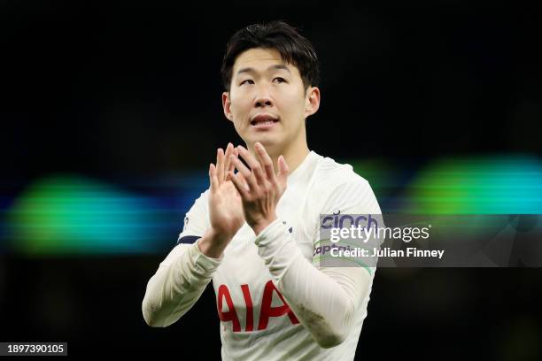 Son Heung-Min of Tottenham Hotspur applauds the fans after the team's victory in the Premier League match between Tottenham Hotspur and AFC...