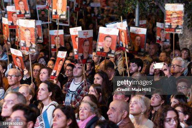 People react during a rally calling for the remaining hostages to be released outside The Museum of Modern Art known as the 'The Hostages and Missing...