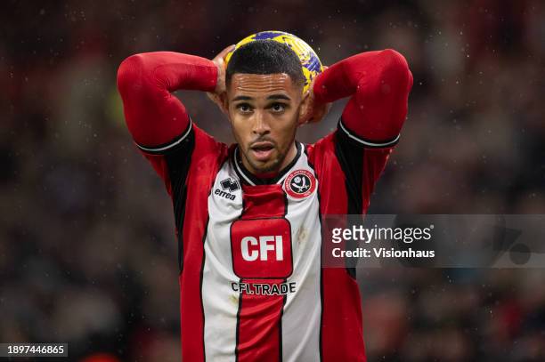 Max Lowe of Sheffield United prepares to take a throw in during the Premier League match between Sheffield United and Brentford FC at Bramall Lane on...