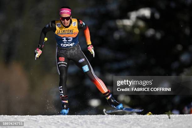 Germany's athlete Sophie Krehl competes during the qualification of the cross-country skiing Women's Sprint Finale Free event at the FIS Tour de Ski...