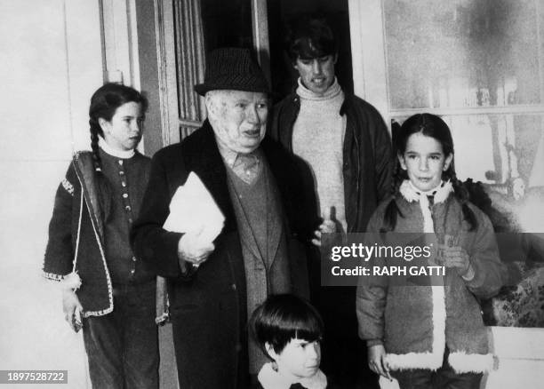 Director and famous actor Charlie Chaplin poses for his 80th birthday with their children Christopher James, Annette Emily and Jane Cecil and Eugene...