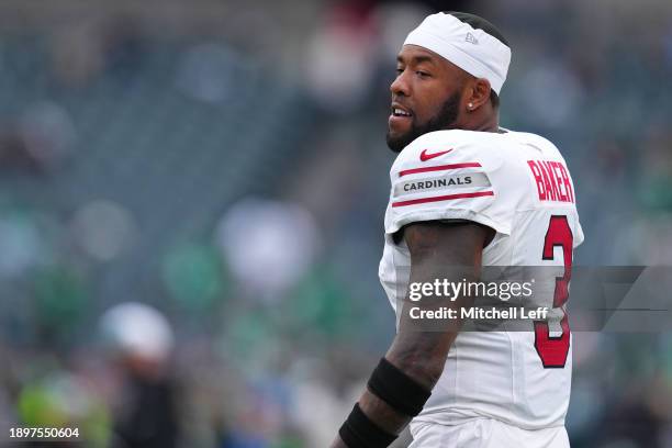 Budda Baker of the Arizona Cardinals warms up before the game against the Philadelphia Eagles at Lincoln Financial Field on December 31, 2023 in...