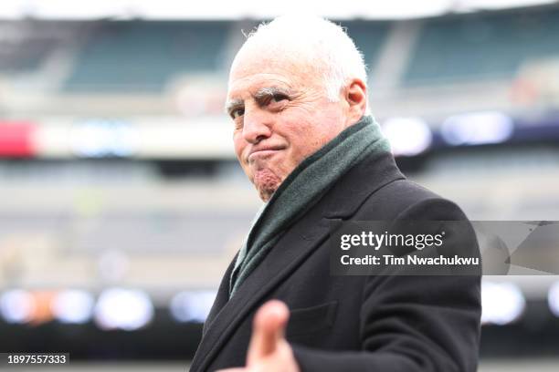 Philadelphia Eagles owner Jeffrey Lurie walks the field before the game against the Arizona Cardinals at Lincoln Financial Field on December 31, 2023...