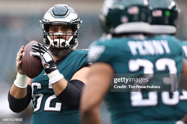 Jason Kelce of the Philadelphia Eagles warms up before the game against the Arizona Cardinals at Lincoln Financial Field on December 31, 2023 in...