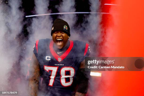 Laremy Tunsil of the Houston Texans takes to the field prior to a game against the Tennessee Titans at NRG Stadium on December 31, 2023 in Houston,...