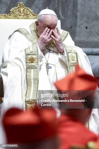 Pope Francis presides over Year-End Vespers and Te Deum Service at St. Peter's Basilica on December 31, 2023 in Vatican City, Vatican. During his...