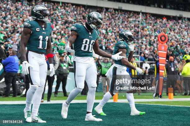 Julio Jones of the Philadelphia Eagles celebrates a touchdown catch during the first quarter against the Arizona Cardinals at Lincoln Financial Field...