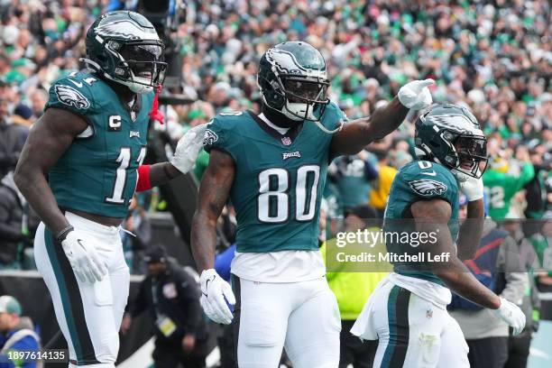 Julio Jones of the Philadelphia Eagles celebrates a touchdown catch during the first quarter against the Arizona Cardinals at Lincoln Financial Field...