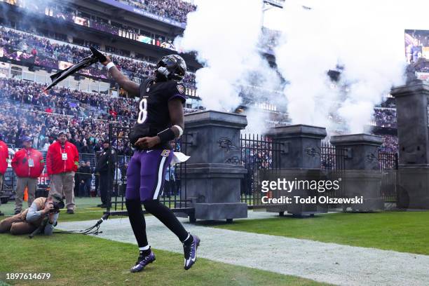Lamar Jackson of the Baltimore Ravens takes the field prior to a game against the Miami Dolphins at M&T Bank Stadium on December 31, 2023 in...