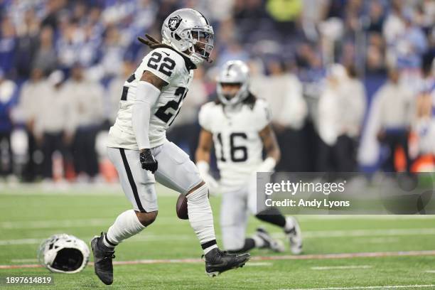 Ameer Abdullah of the Las Vegas Raiders reacts during the first quarter against the Indianapolis Colts at Lucas Oil Stadium on December 31, 2023 in...