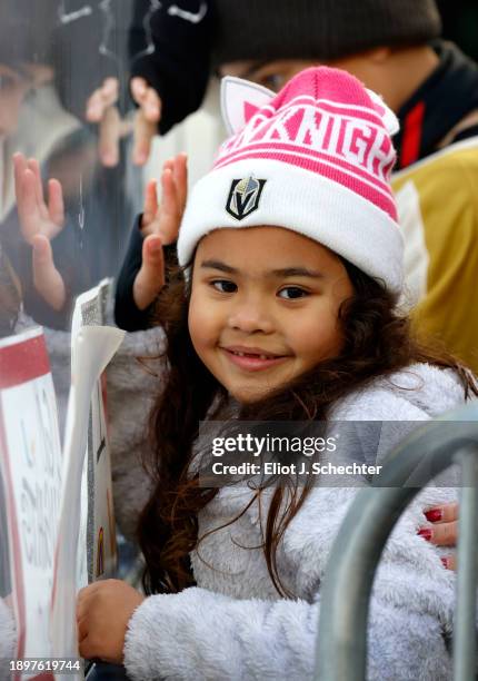 Vegas Golden Knights fan watches from the glass during the 2024 Discover NHL Winter Classic practice at T-Mobile Park on December 31, 2023 in...