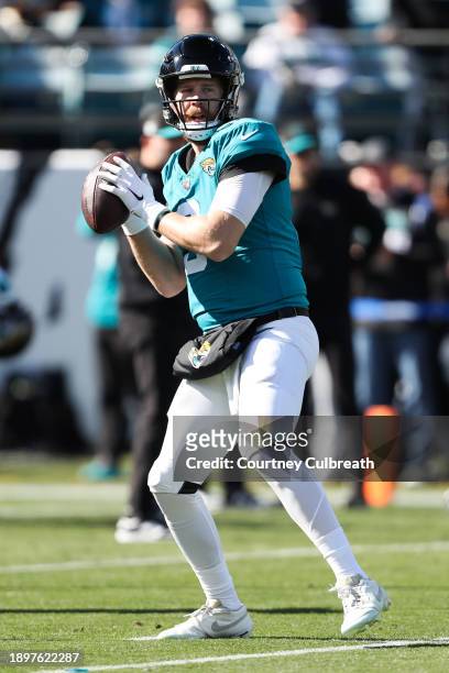 Beathard of the Jacksonville Jaguars warms up prior to a game against the Carolina Panthers at EverBank Stadium on December 31, 2023 in Jacksonville,...