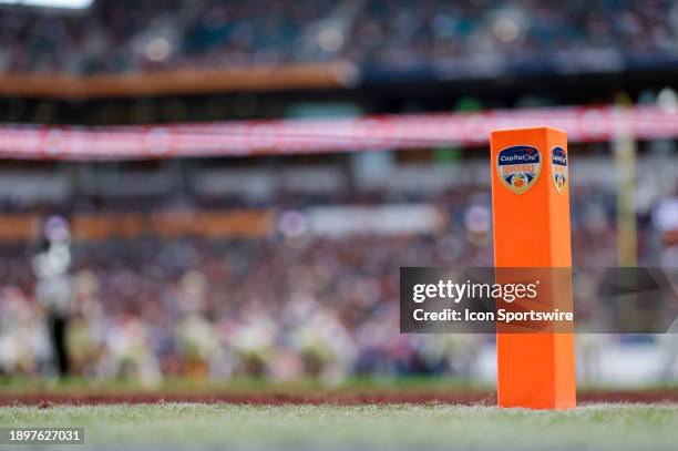 An end zone pylon with the Capital One Orange Bowl logo during the game between the Georgia Bulldogs and the Florida State Seminoles on December 30,...