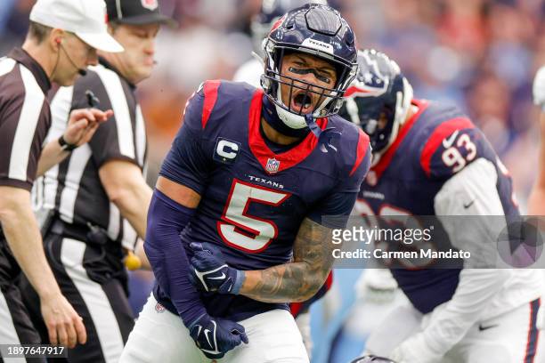 Jalen Pitre of the Houston Texans celebrates a stop during the second quarter of a game against the Tennessee Titans at NRG Stadium on December 31,...