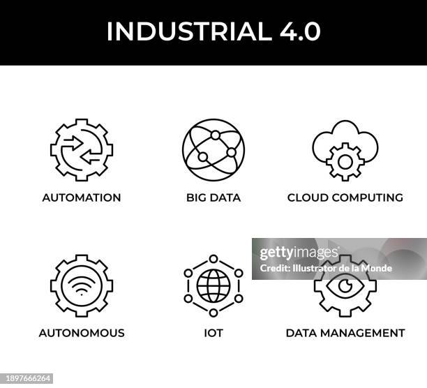 industry 4.0, automation, big data, cloud computing, autonomous system, iot, data management icons - autonomous systems stock illustrations