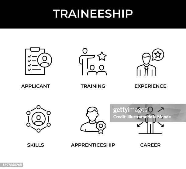 ilustrações de stock, clip art, desenhos animados e ícones de traineeship, applicant, training, experience, skills, apprenticeship, career icons - está contratado