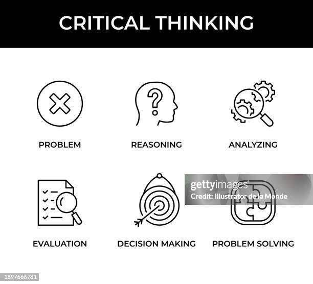 critical thinking, problem, reasoning, analyzing, evaluation, decisions, solution icons - identity stock illustrations