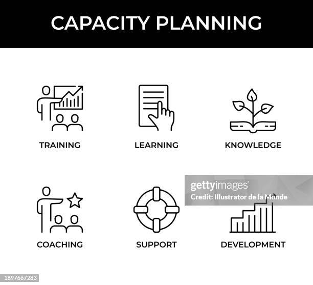 capacity planning, training, learning, knowledge, coaching, support, development icons - performance coaching stock illustrations