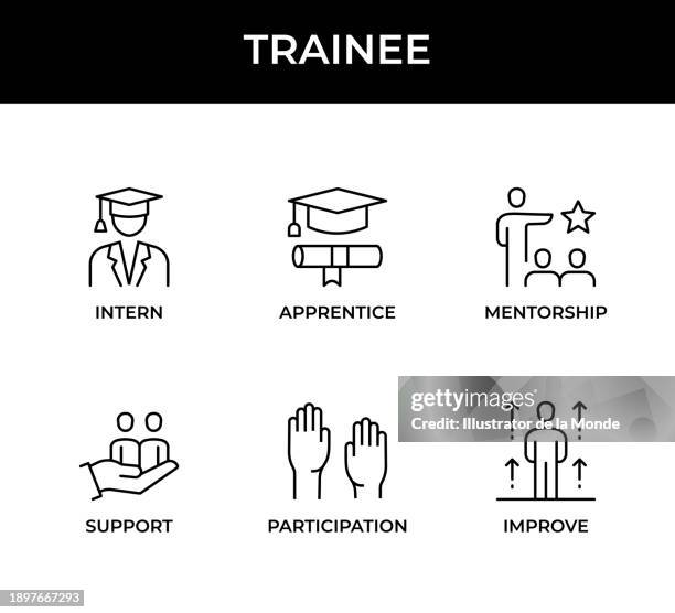 praktikant, praktikant, auszubildender, mentoring, unterstützung, partizipation, icons verbessern - auszubildender stock-grafiken, -clipart, -cartoons und -symbole
