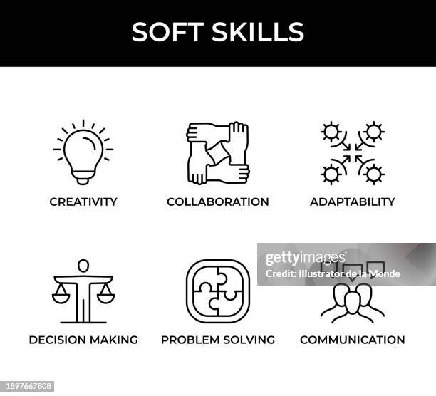 soft skills, creativity, collaboration, adaptability, decision making, problem solving, communication icons - self improvement icon stock illustrations