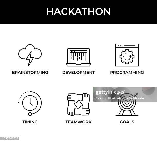 hackathon, brainstorming, development, programming, timing, teamwork, goals icons - programming team stock illustrations