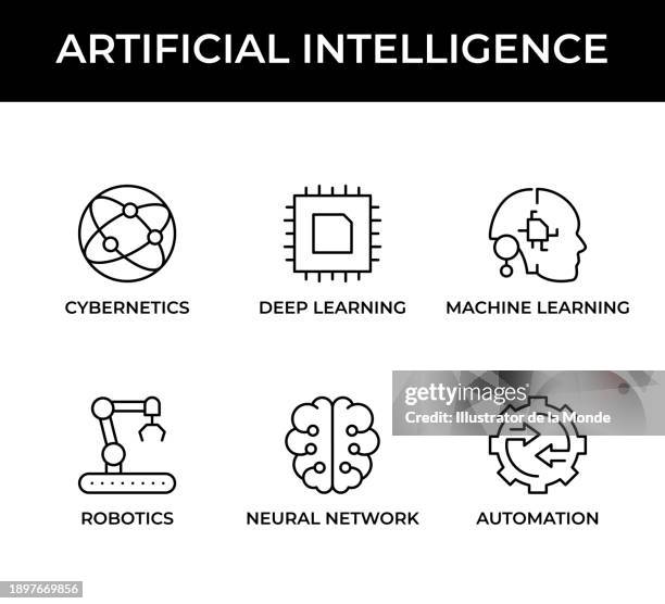 stockillustraties, clipart, cartoons en iconen met artificial intelligence, cybernetics, deep learning, machine learning, robotics, neural network, automation icons - semiconductor