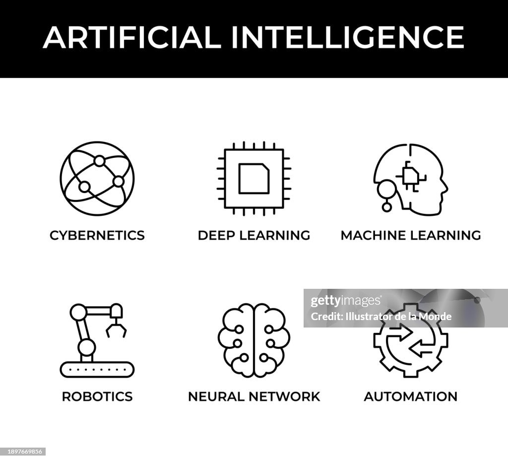 Artificial Intelligence, Cybernetics, Deep Learning, Machine Learning, Robotics, Neural Network, Automation Icons