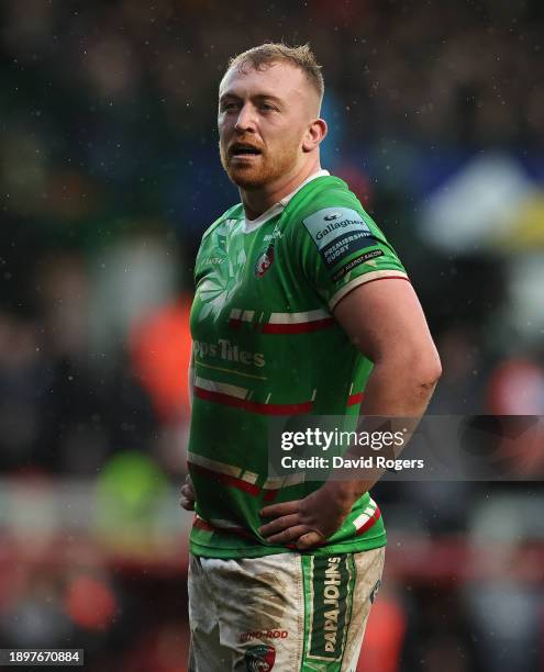 Tommy Reffell of Leicester Tigers looks on during the Gallagher Premiership Rugby match between Leicester Tigers and Bath Rugby at Mattioli Woods...