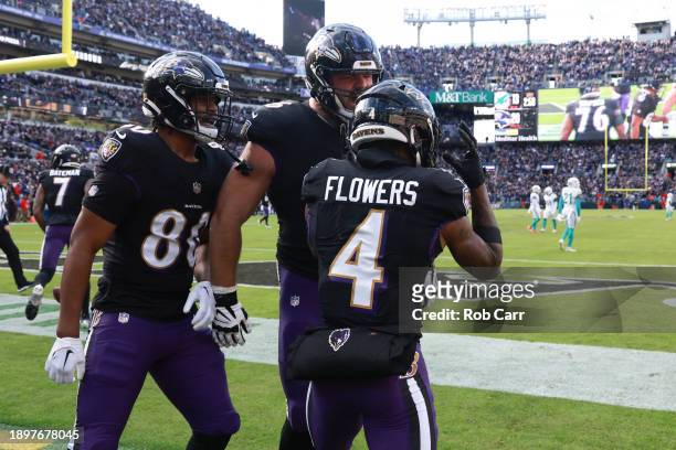 Zay Flowers of the Baltimore Ravens celebrates after scoring a touchdown against the Miami Dolphins during the second quarter of the game at M&T Bank...
