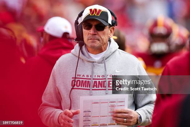 Head coach Ron Rivera of the Washington Commanders looks on from the sidelines prior to a game against the San Francisco 49ers at FedExField on...