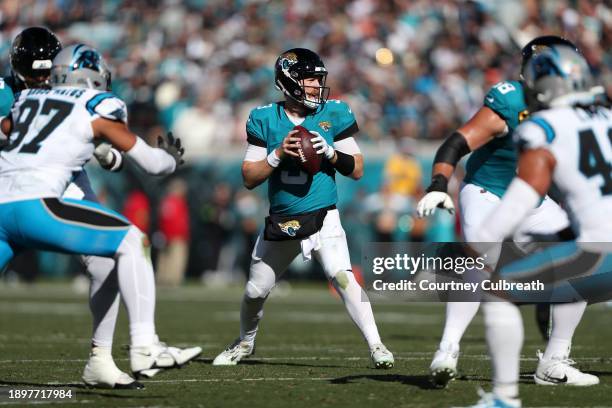 Beathard of the Jacksonville Jaguars during the first half against the Carolina Panthers at EverBank Stadium on December 31, 2023 in Jacksonville,...