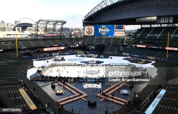 General view is seen of the Vegas Golden Knights practicing during the 2024 Discover NHL Winter Classic team practice at T-Mobile Park on December...