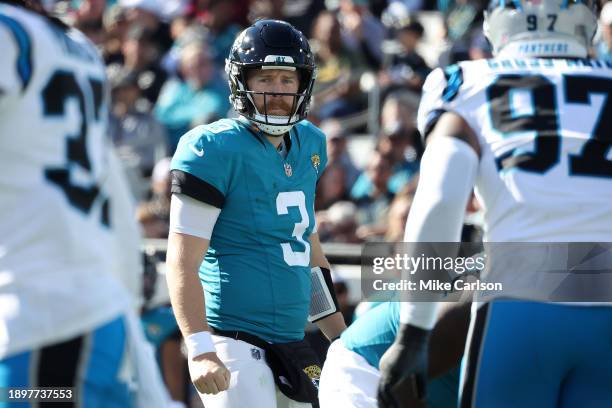 Beathard of the Jacksonville Jaguars looks on during the first half against the Carolina Panthers at EverBank Stadium on December 31, 2023 in...