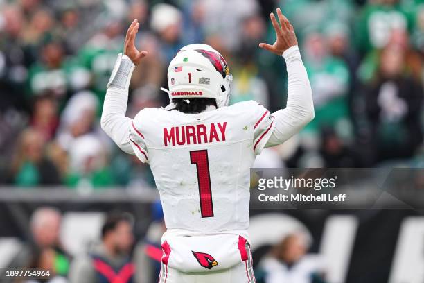 Kyler Murray of the Arizona Cardinals reacts to a touchdown pass during the third quarter against the Philadelphia Eagles at Lincoln Financial Field...