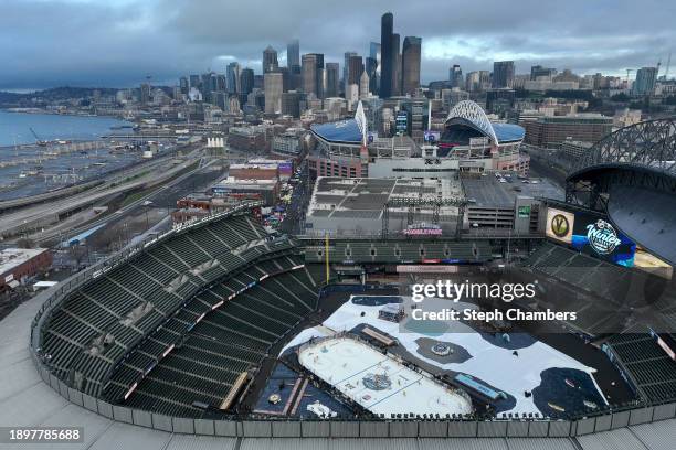 General view of Seattle and the Space Needle is seen during practice of the Vegas Golden Knights before the Discover NHL Winter Classic at T-Mobile...