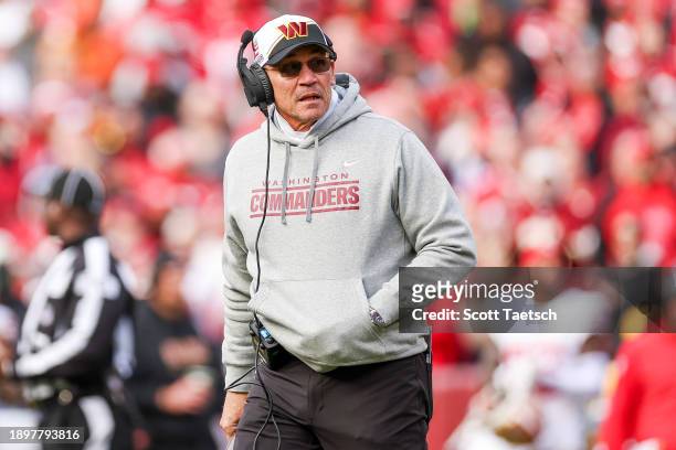 Head coach Ron Rivera of the Washington Commanders looks on during the second half of a game against the San Francisco 49ers at FedExField on...