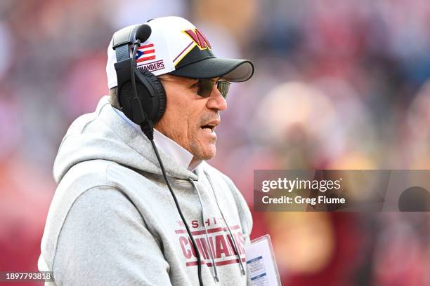 Head coach Ron Rivera of the Washington Commanders looks on during the second half of a game against the San Francisco 49ers at FedExField on...