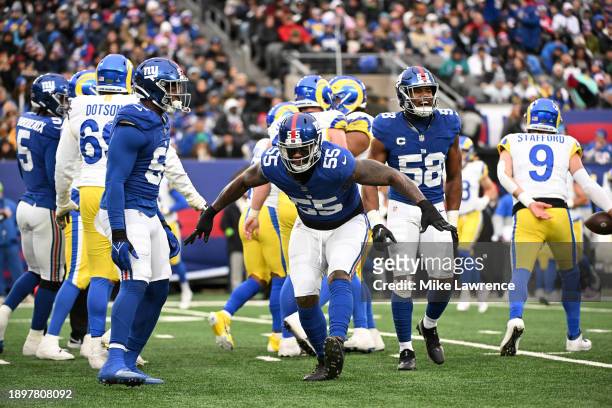 Jihad Ward of the New York Giants celebrates a sack during the third quarter against the Los Angeles Rams at MetLife Stadium on December 31, 2023 in...