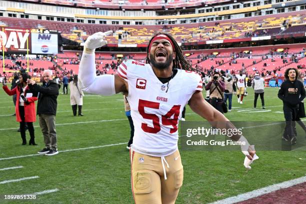 Fred Warner of the San Francisco 49ers leaves the field after a game against the Washington Commanders at FedExField on December 31, 2023 in...