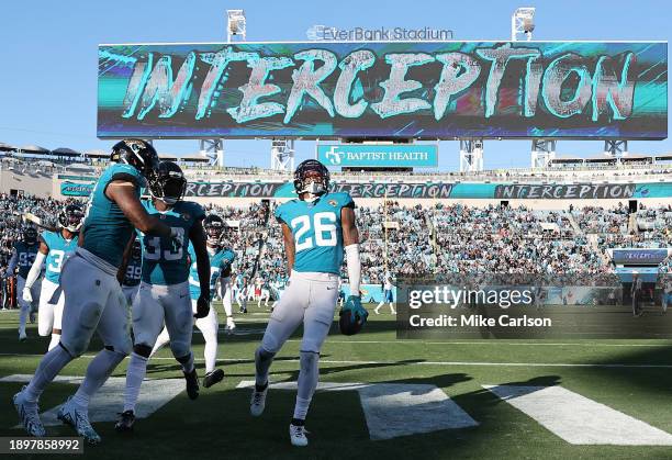 Antonio Johnson of the Jacksonville Jaguars reacts after his interception during the fourth quarter against the Carolina Panthers at EverBank Stadium...