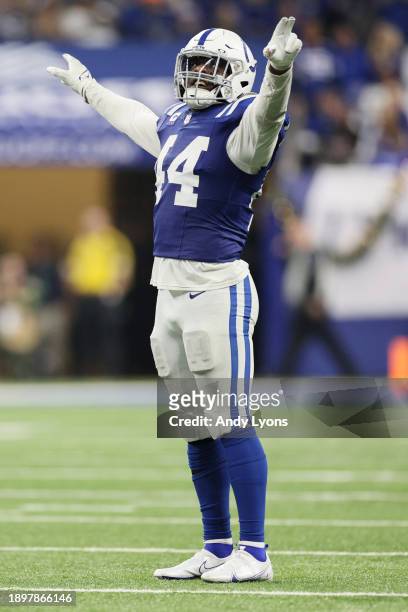 Alec Pierce of the Indianapolis Colts celebrates an incomplete pass during the fourth quarter against the Las Vegas Raiders at Lucas Oil Stadium on...