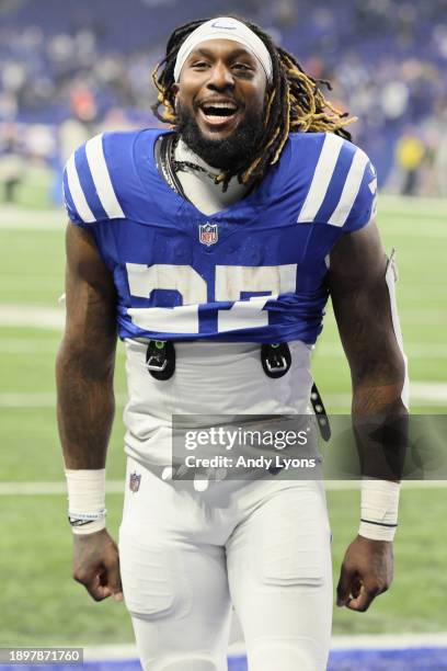 Trey Sermon of the Indianapolis Colts reacts after the game against the Las Vegas Raiders at Lucas Oil Stadium on December 31, 2023 in Indianapolis,...